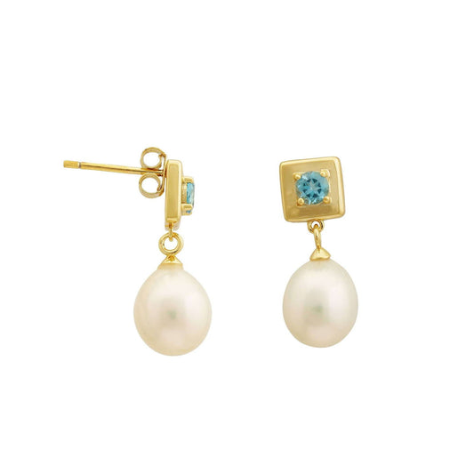 4 MM Swiss Blue Topaz Round Stone & 9 - 9.5 MM Freshwater Pearl Vienna Drop Earrings in 24 CT Gold Plated Silver 925 Setting - Shopgalaxy