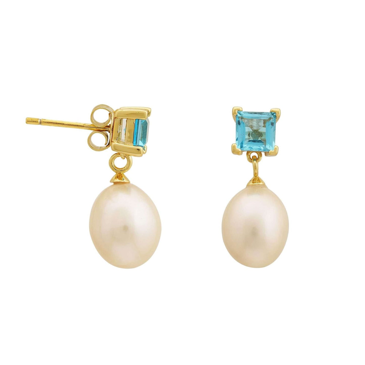 4 MM Swiss Blue Topaz Stone & 9 - 9.5 MM Freshwater Pearl Bordeaux Earrings in 24 CT Gold Plated Silver 925 Setting - Shopgalaxy