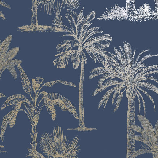 Tapete Tropische Bäume Marineblau und Silbern