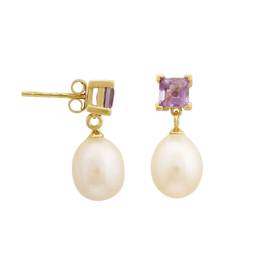 5 MM Amethyst Stone & 9 - 9.5 MM Freshwater Pearl Bordeaux Earrings in 24 CT Gold Plated Silver 925 Setting - Shopgalaxy