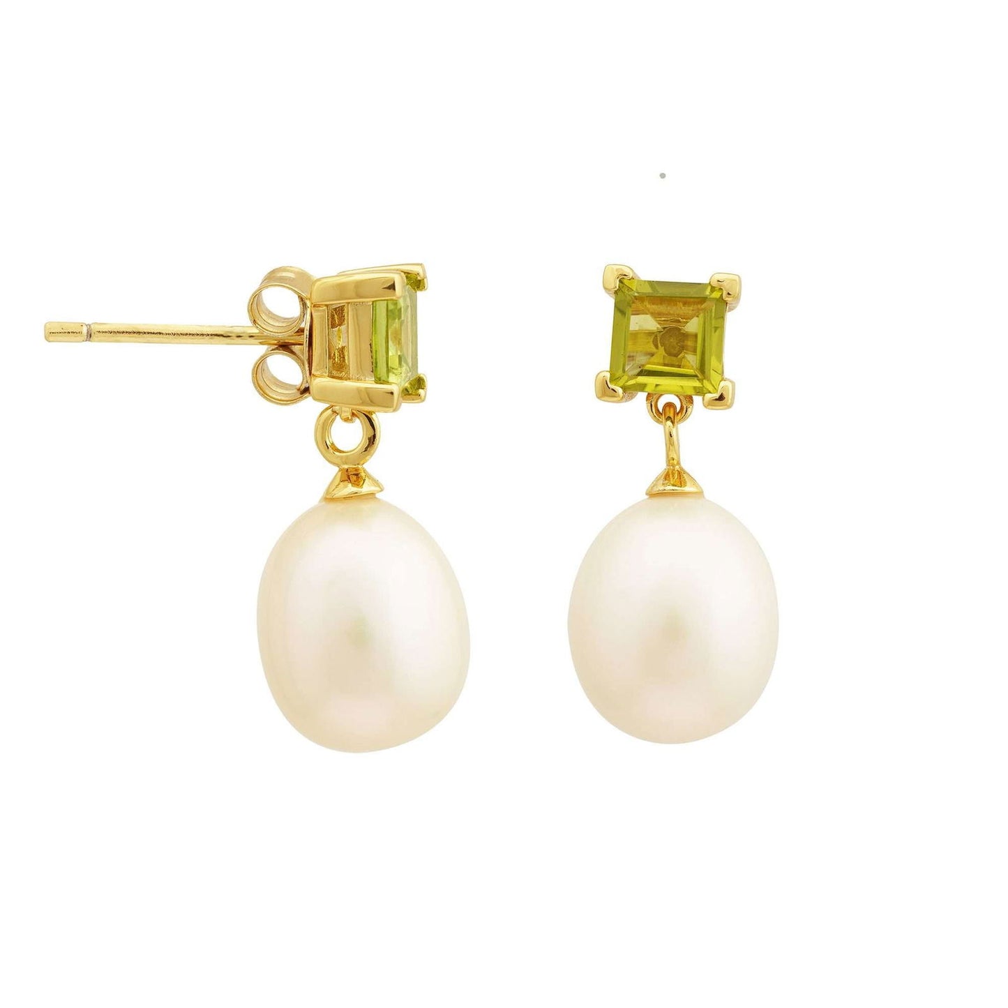 5 MM Peridot Square Stone & 9 - 9.5 MM Freshwater Pearl Bordeaux Drop Earrings in 24 CT Gold Plated Silver 925 Setting - Shopgalaxy