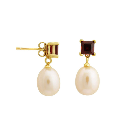 5 MM Red Garnet Square Stone & 9 - 9.5 MM Freshwater Pearl Bordeaux Drop Earrings in 24 CT Gold Plated Silver 925 Setting - Shopgalaxy