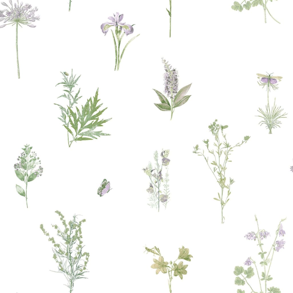 Tapete Evergreen Herbs and Flowers Weiß