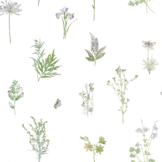 Tapete Evergreen Herbs and Flowers Weiß