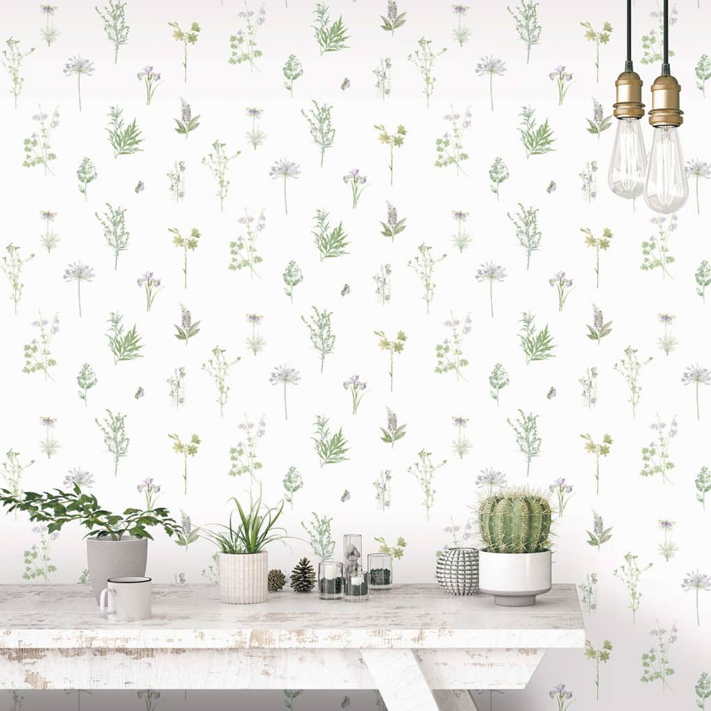 Tapete Evergreen Herbs and Flowers Weiß
