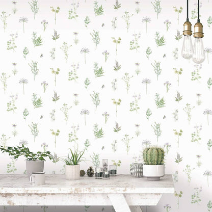 Tapete Evergreen Herbs and Flowers Weiß