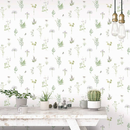 Tapete Evergreen Herbs and Flowers Weiß