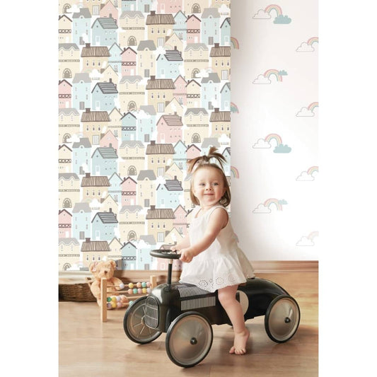 Tapete Mondo baby Clouds Weiß, Blau und Rosa