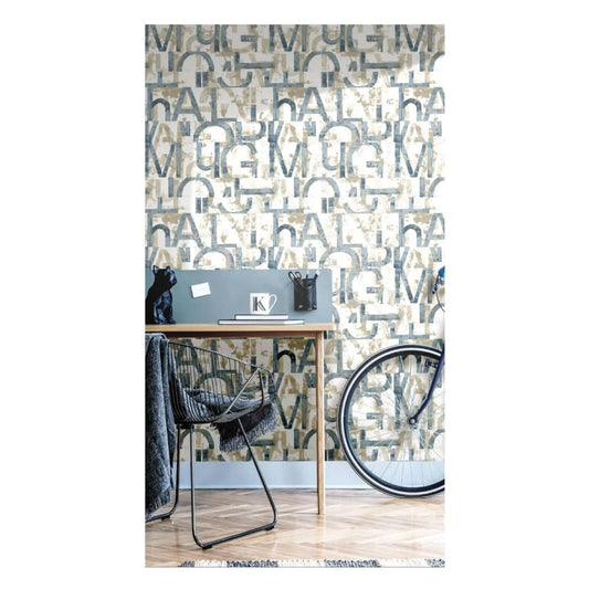 Tapete Friends & Coffee Words and Letters Blau und Metallic