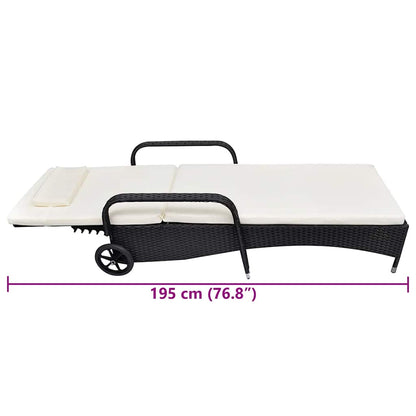 Sonnenliege mit Polster & Rollen Poly Rattan Schwarz