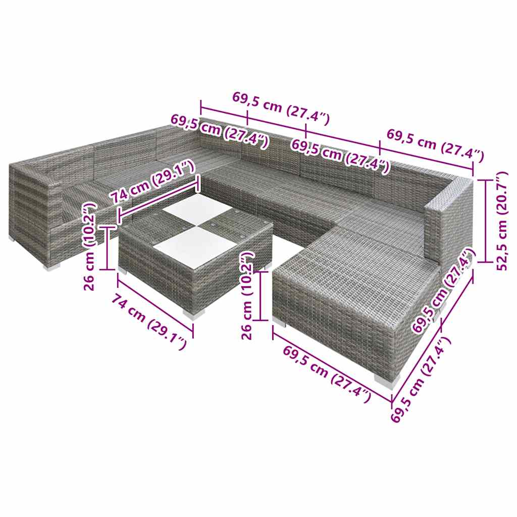8-tlg. Garten-Lounge-Set mit Auflagen Poly Rattan Grau