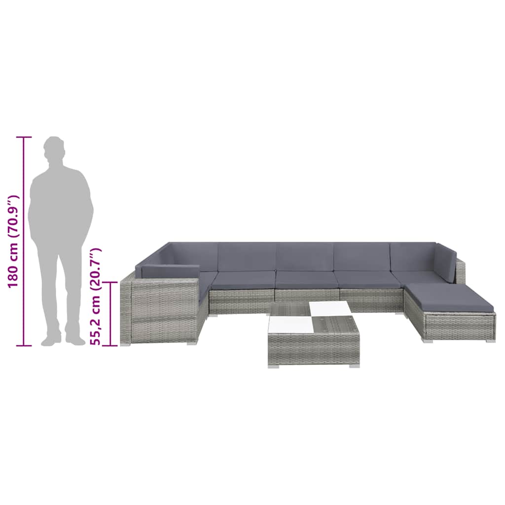 8-tlg. Garten-Lounge-Set mit Auflagen Poly Rattan Grau