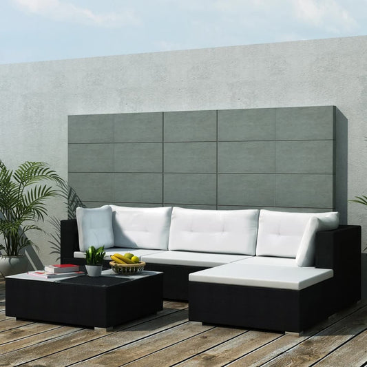 5-tlg. Garten-Lounge-Set mit Kissen Poly Rattan Schwarz