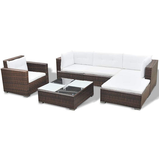 6-tlg. Garten-Lounge-Set mit Kissen Poly Rattan Braun