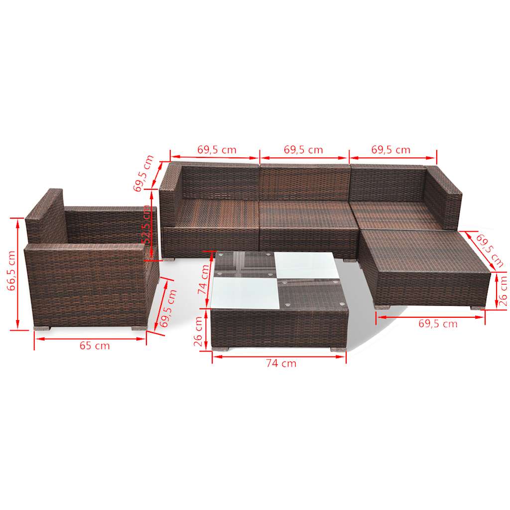 6-tlg. Garten-Lounge-Set mit Kissen Poly Rattan Braun