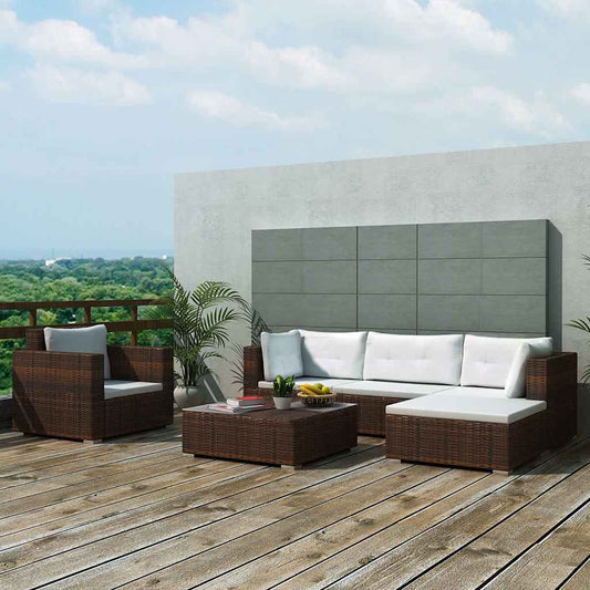 6-tlg. Garten-Lounge-Set mit Kissen Poly Rattan Braun