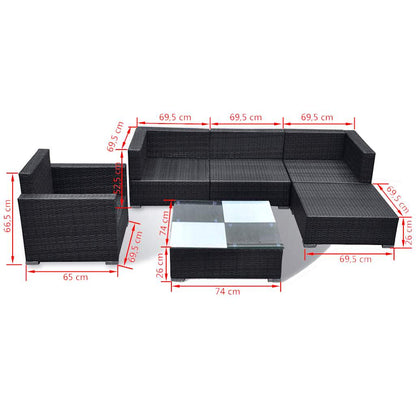 6-tlg. Garten-Lounge-Set mit Kissen Poly Rattan Schwarz
