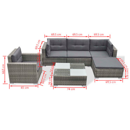 6-tlg. Garten-Lounge-Set mit Auflagen Poly Rattan Grau