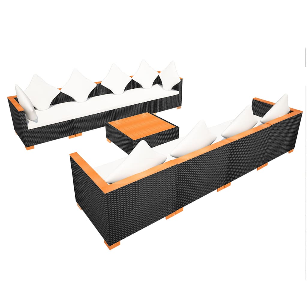 9-tlg. Garten-Lounge-Set mit Auflagen Poly Rattan Schwarz