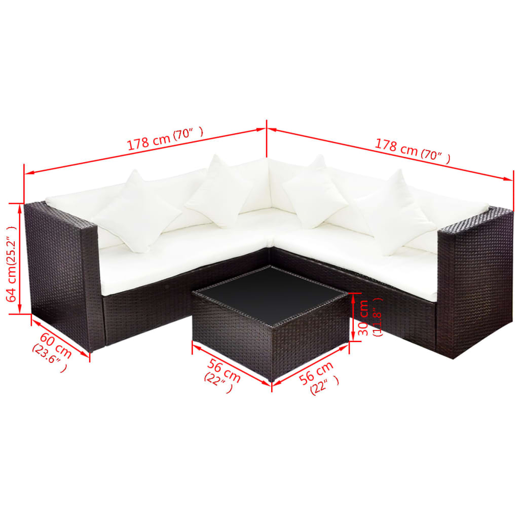 4-tlg. Garten-Lounge-Set mit Kissen Poly-Rattan Braun