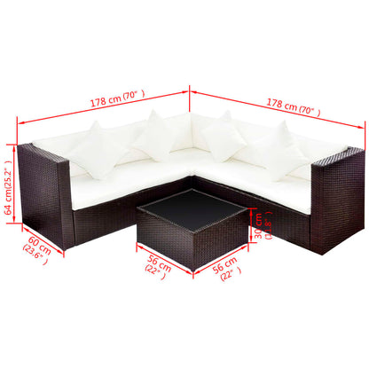 4-tlg. Garten-Lounge-Set mit Kissen Poly-Rattan Braun