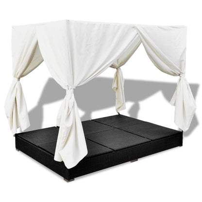 Outdoor-Loungebett mit Vorhang Poly Rattan Schwarz