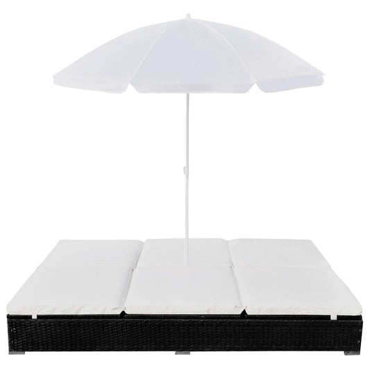 Outdoor-Loungebett mit Sonnenschirm Poly Rattan Schwarz