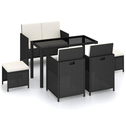 6-tlg. Garten-Essgruppe mit Auflagen Poly Rattan Schwarz
