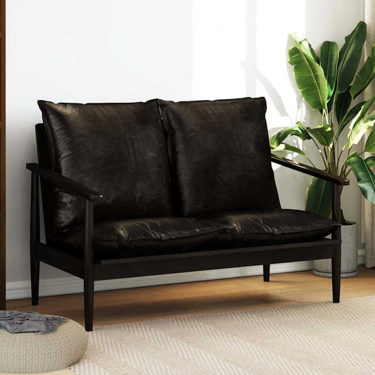 2-Sitzer-Sofa Echtleder Akazienholz Schwarz