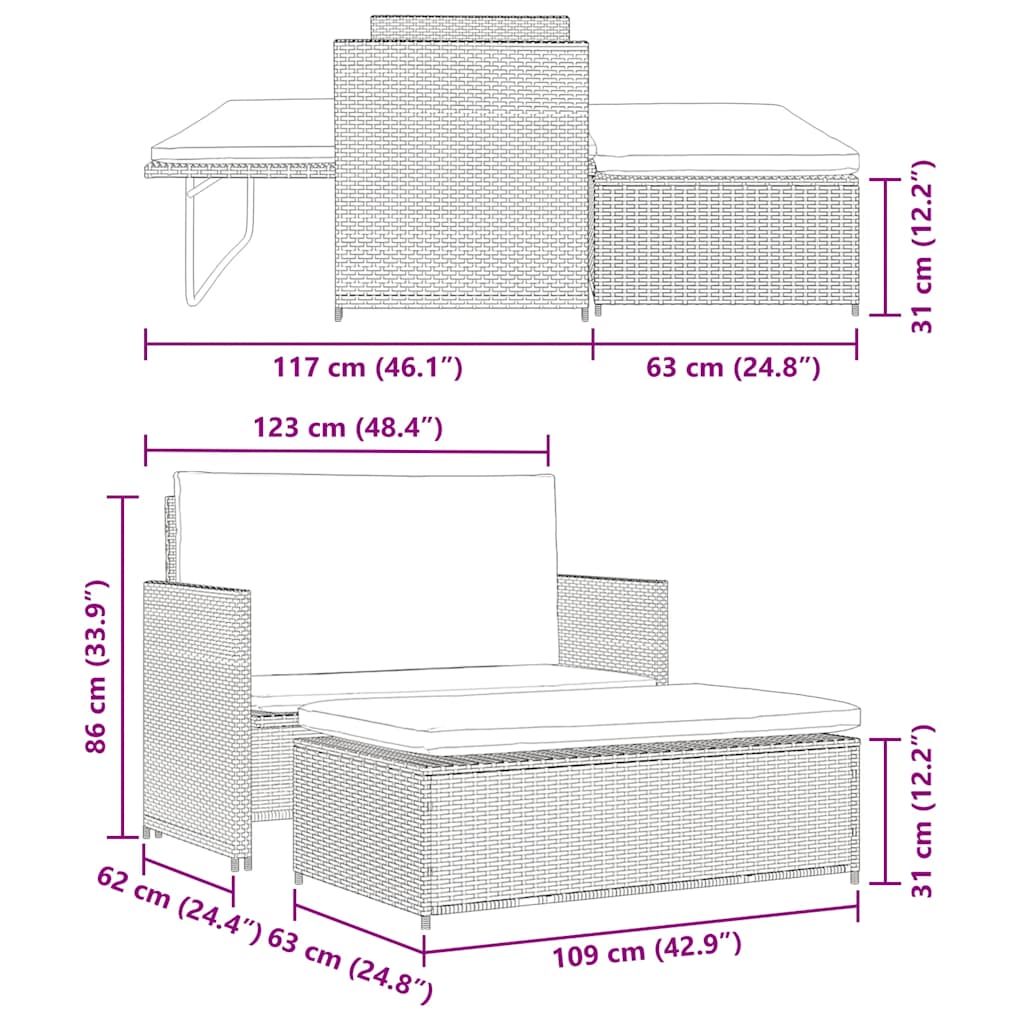 2-delt Have Lounge Sæt med Puder Poly Rattan Grey