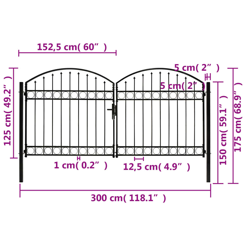 Zauntor Doppelflügel Gewölbte Spitze Stahl 300 x 125 cm Schwarz
