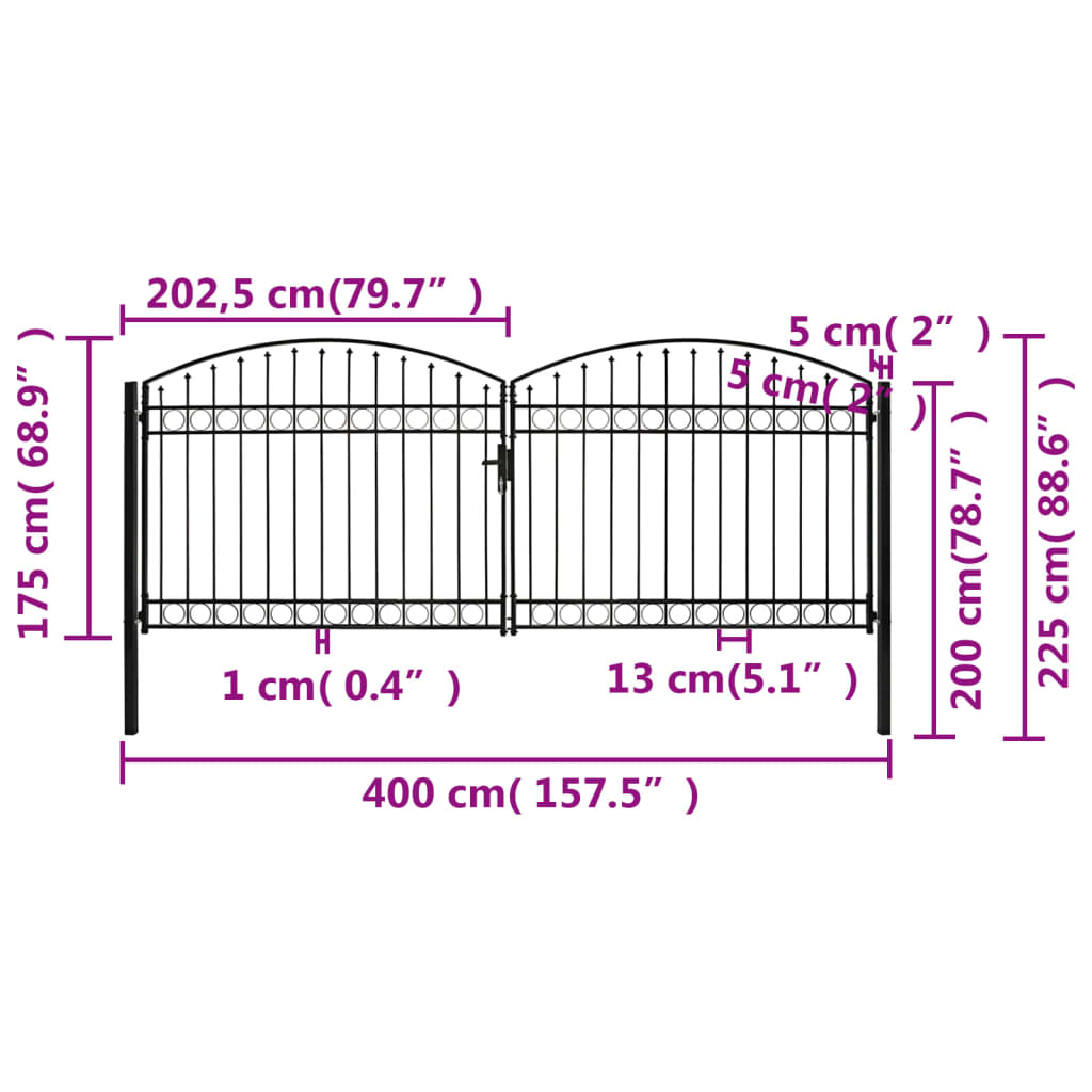 Hegnslåge Dobbeltfløjet Buet Topstål 400 x 175 cm Sort