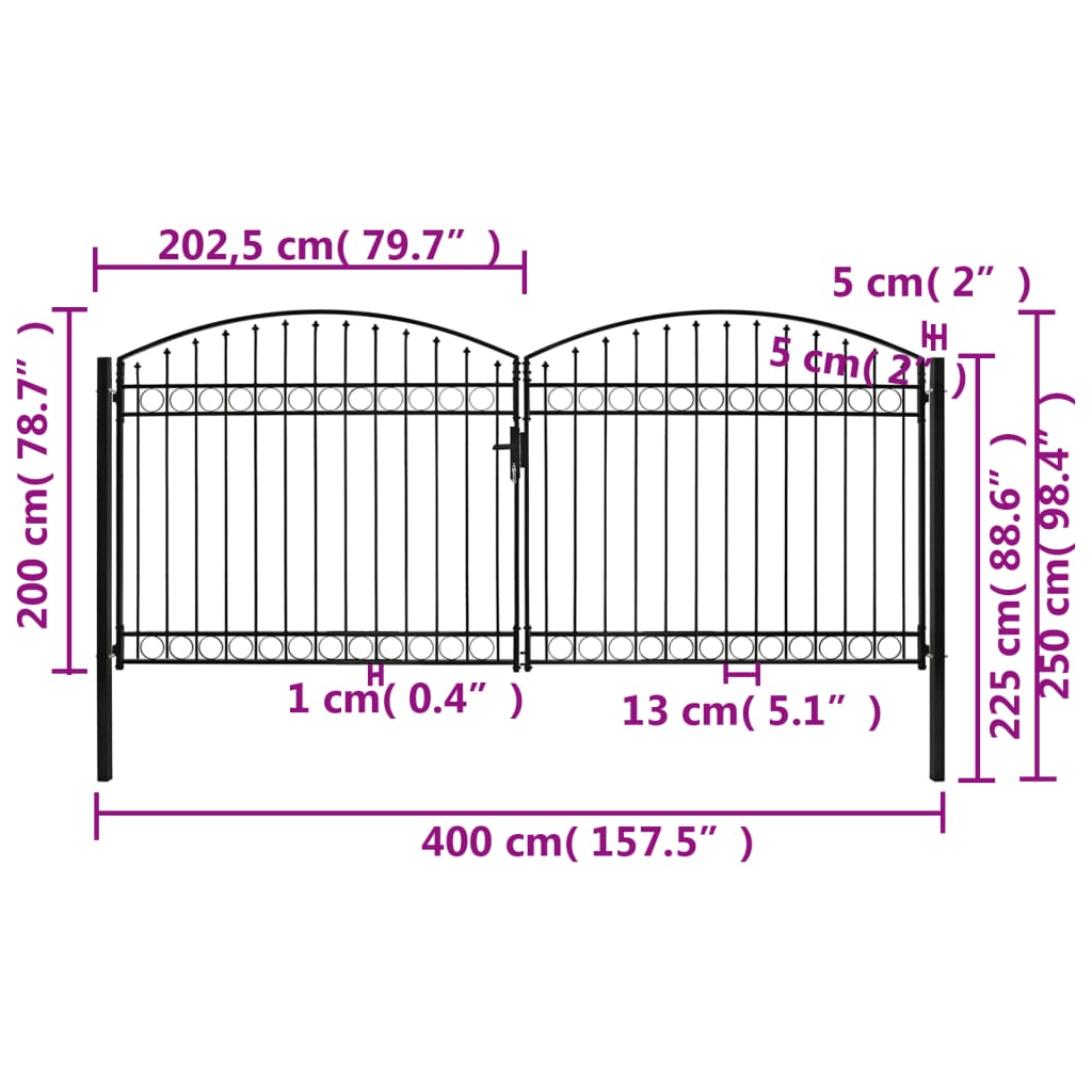 Hegnslåge Dobbeltfløjet Buet Topstål 400 x 200 cm Sort