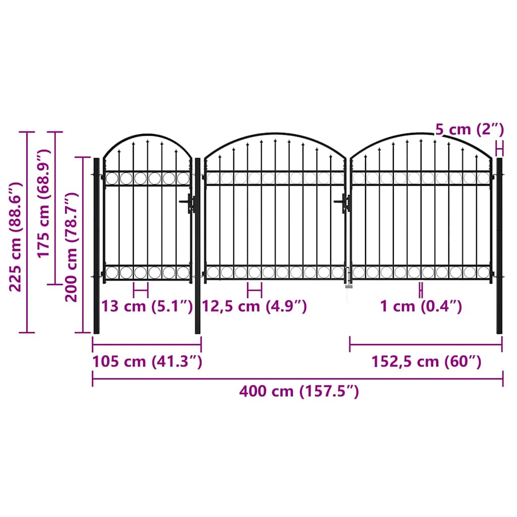 Gartentor mit Gewölbter Spitze Stahl 2,25 x 4 m Schwarz