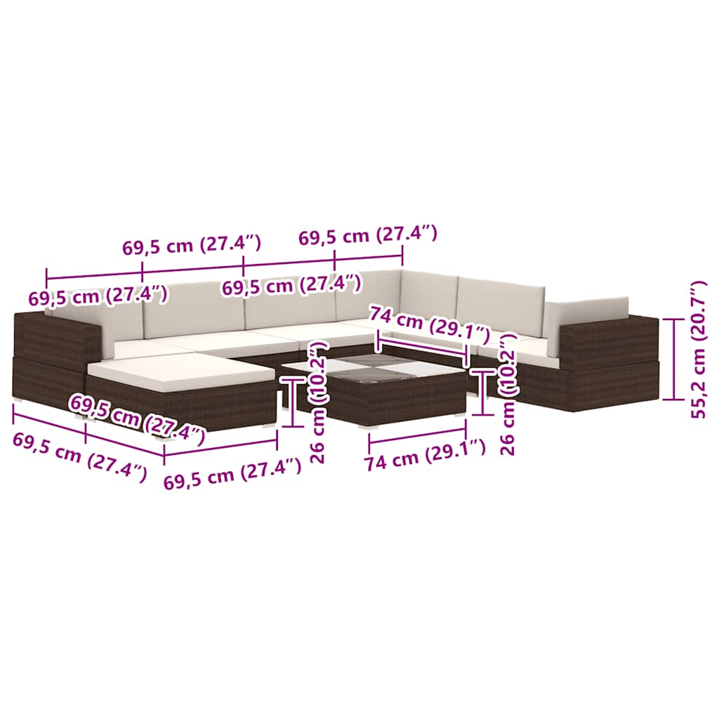 8-tlg. Garten-Lounge-Set mit Auflagen Poly Rattan Braun