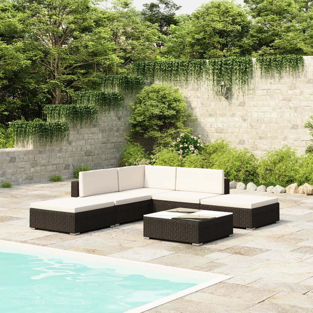 6-tlg. Garten-Lounge-Set mit Auflagen Poly Rattan Schwarz