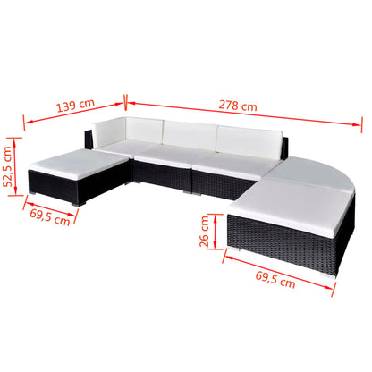 6-tlg. Garten-Lounge-Set mit Auflagen Poly Rattan Schwarz