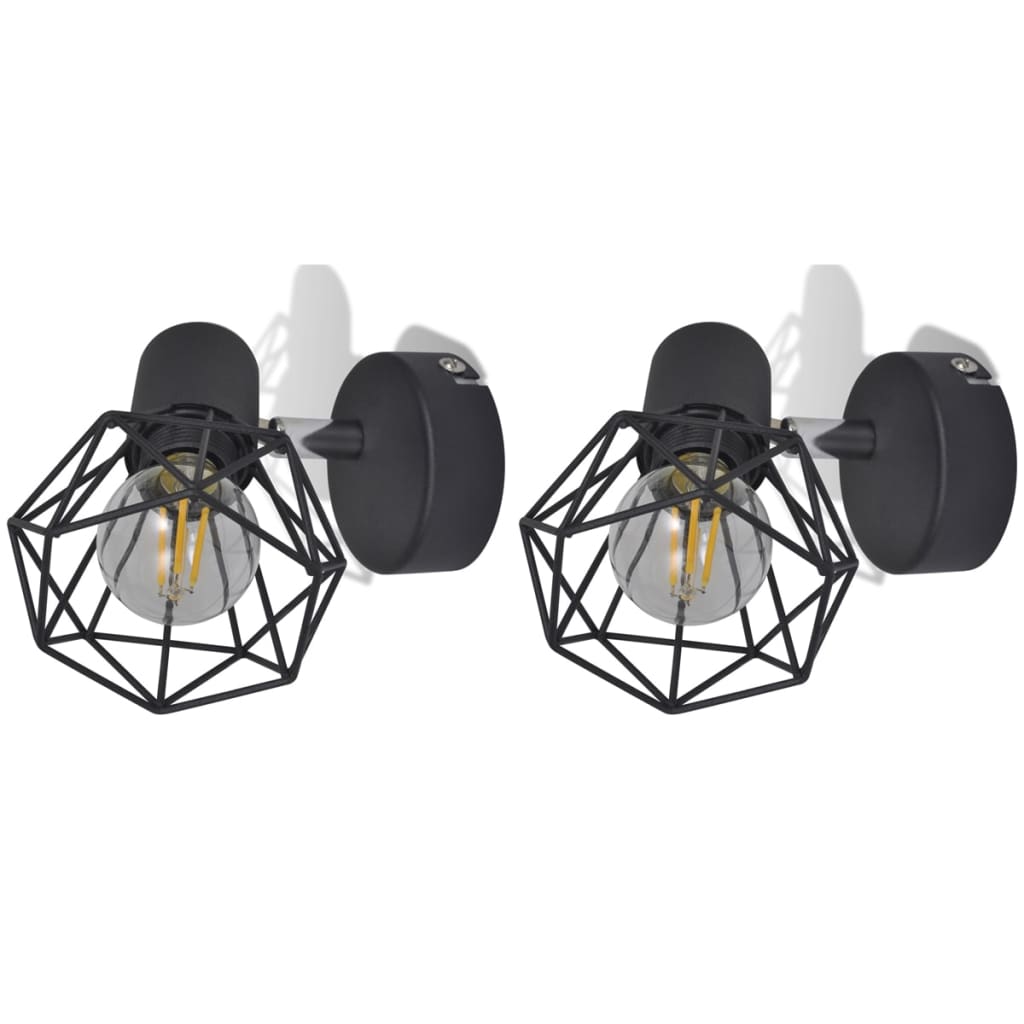 Wandleuchten 2 Stk. LED-Glühlampe Industrie-Stil Drahtschirm Schwarz