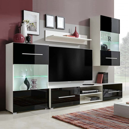 4-tlg. Wohnwand mit TV-Schrank & LED-Leuchten Hochglanz-Schwarz