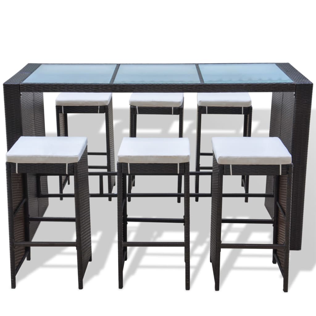 7-tlg. Gartenbar-Set mit Auflagen Poly Rattan Braun