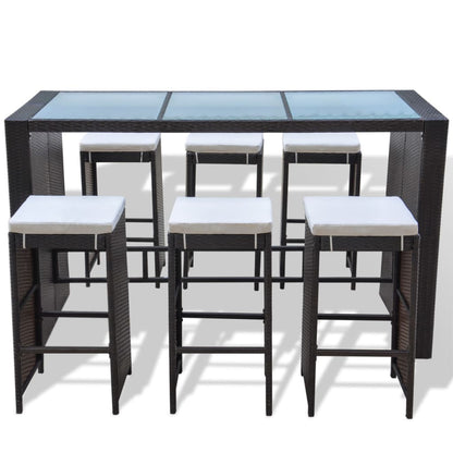 7-tlg. Gartenbar-Set mit Auflagen Poly Rattan Braun