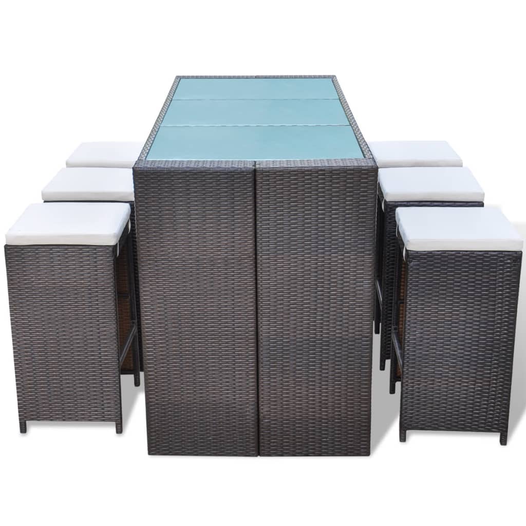 7-tlg. Gartenbar-Set mit Auflagen Poly Rattan Braun