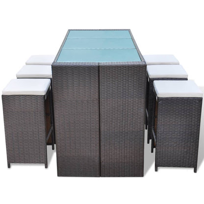 7-tlg. Gartenbar-Set mit Auflagen Poly Rattan Braun