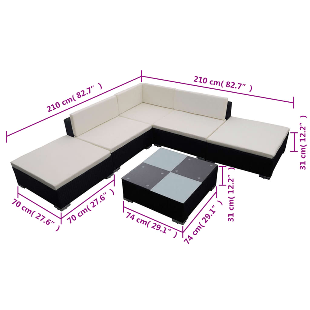 6-tlg. Garten-Lounge-Set mit Auflagen Poly Rattan Schwarz