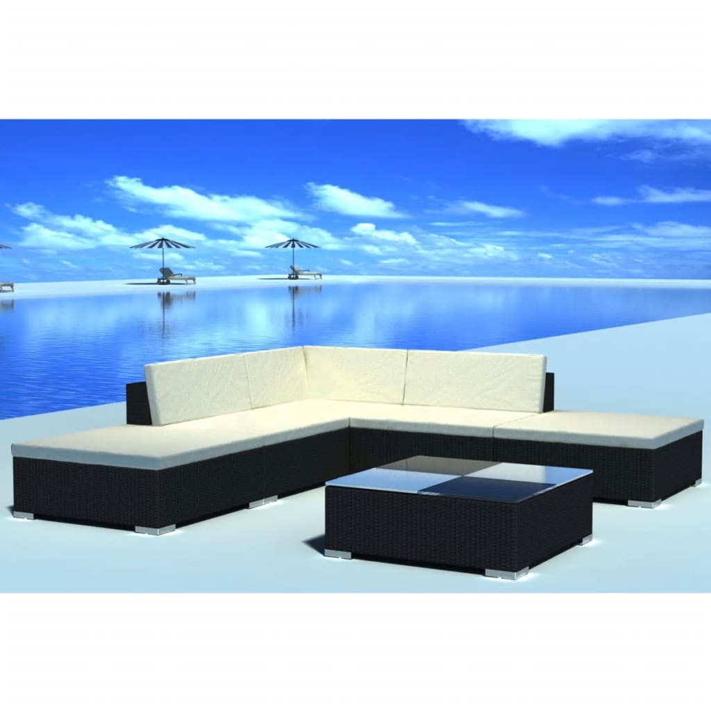 6-tlg. Garten-Lounge-Set mit Auflagen Poly Rattan Schwarz
