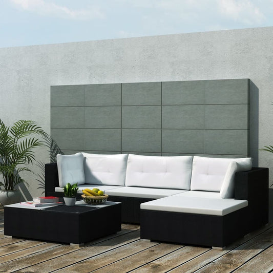 5-tlg. Garten-Lounge-Set mit Kissen Poly Rattan Schwarz