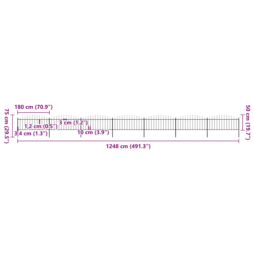 Gartenzaun mit Speerspitzen Stahl (0,5 - 0,75) x 11,9 m Schwarz