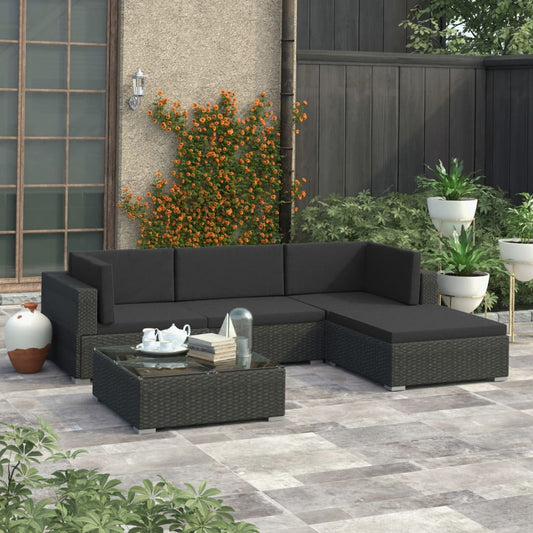 5-tlg. Garten-Lounge-Set mit Kissen Poly Rattan Schwarz