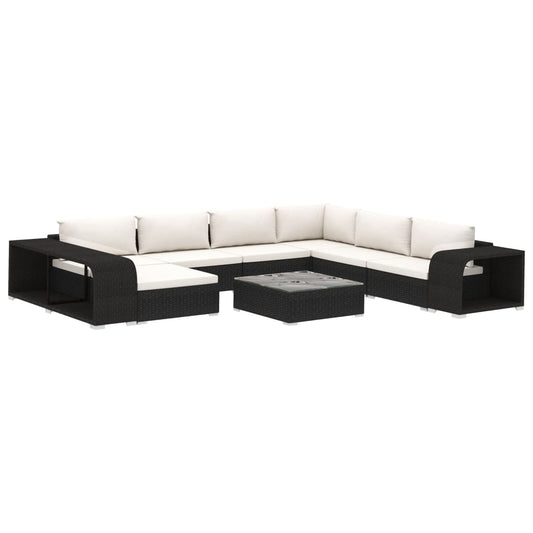 10-tlg. Garten-Lounge-Set mit Auflagen Poly Rattan Schwarz