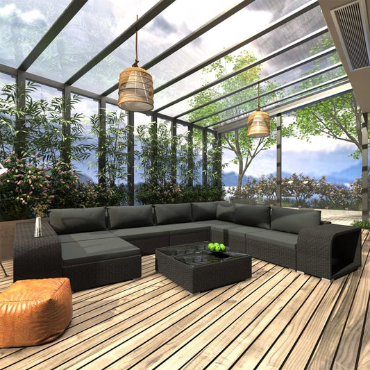 10-tlg. Garten-Lounge-Set mit Auflagen Poly Rattan Schwarz
